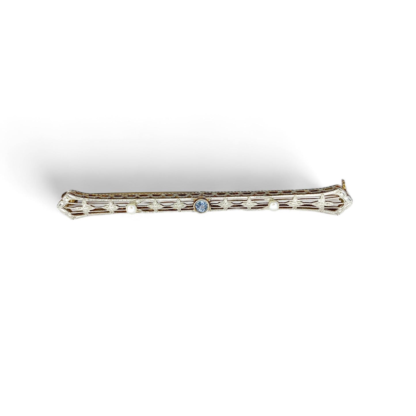 14K White Gold Brooch Whith Pearls & Blue Sapphire