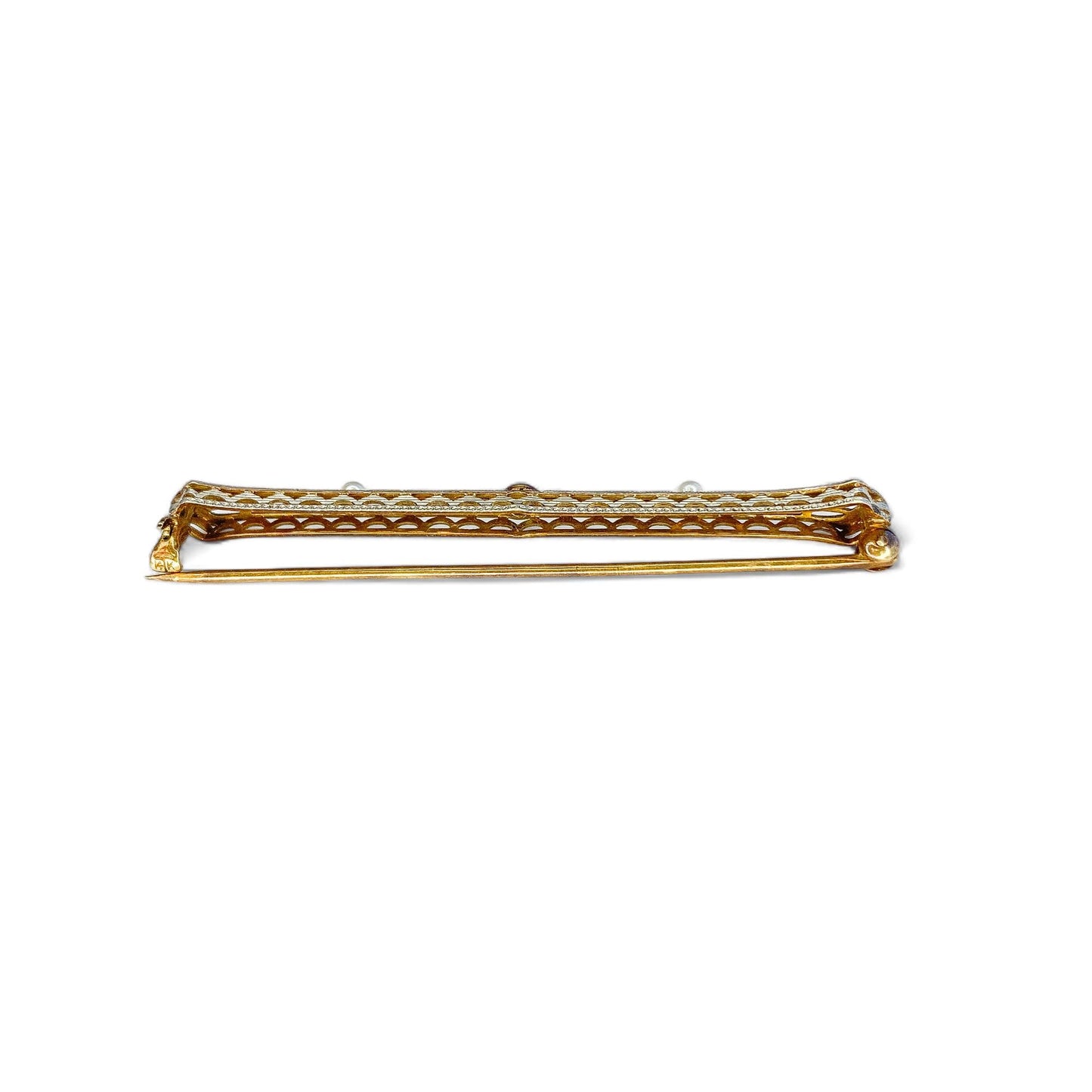 14K White Gold Brooch Whith Pearls & Blue Sapphire