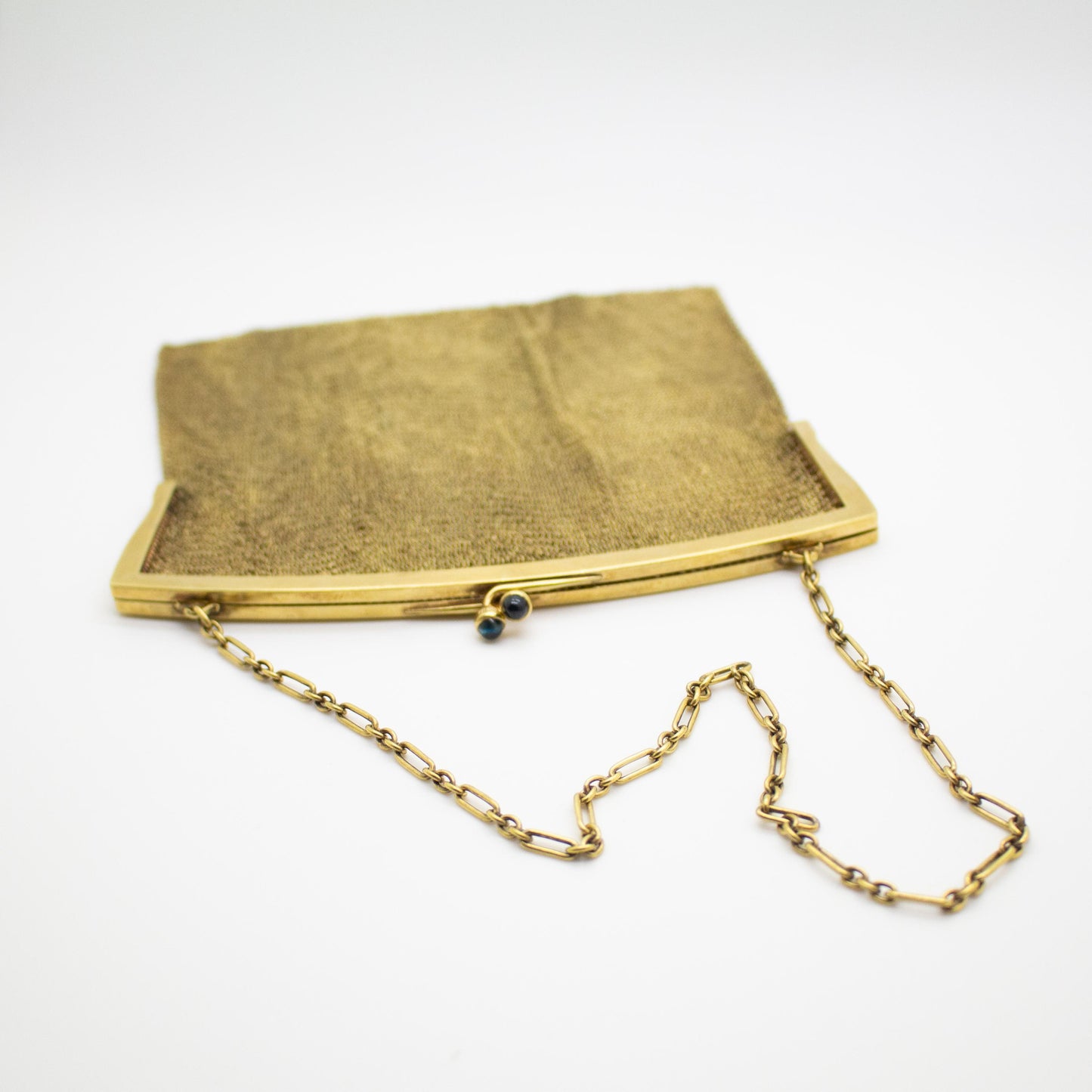 Black Starr&Frost 14K Yellow Gold Mesh Purse w/ Blue Sapphire Cabochon 154.80 g