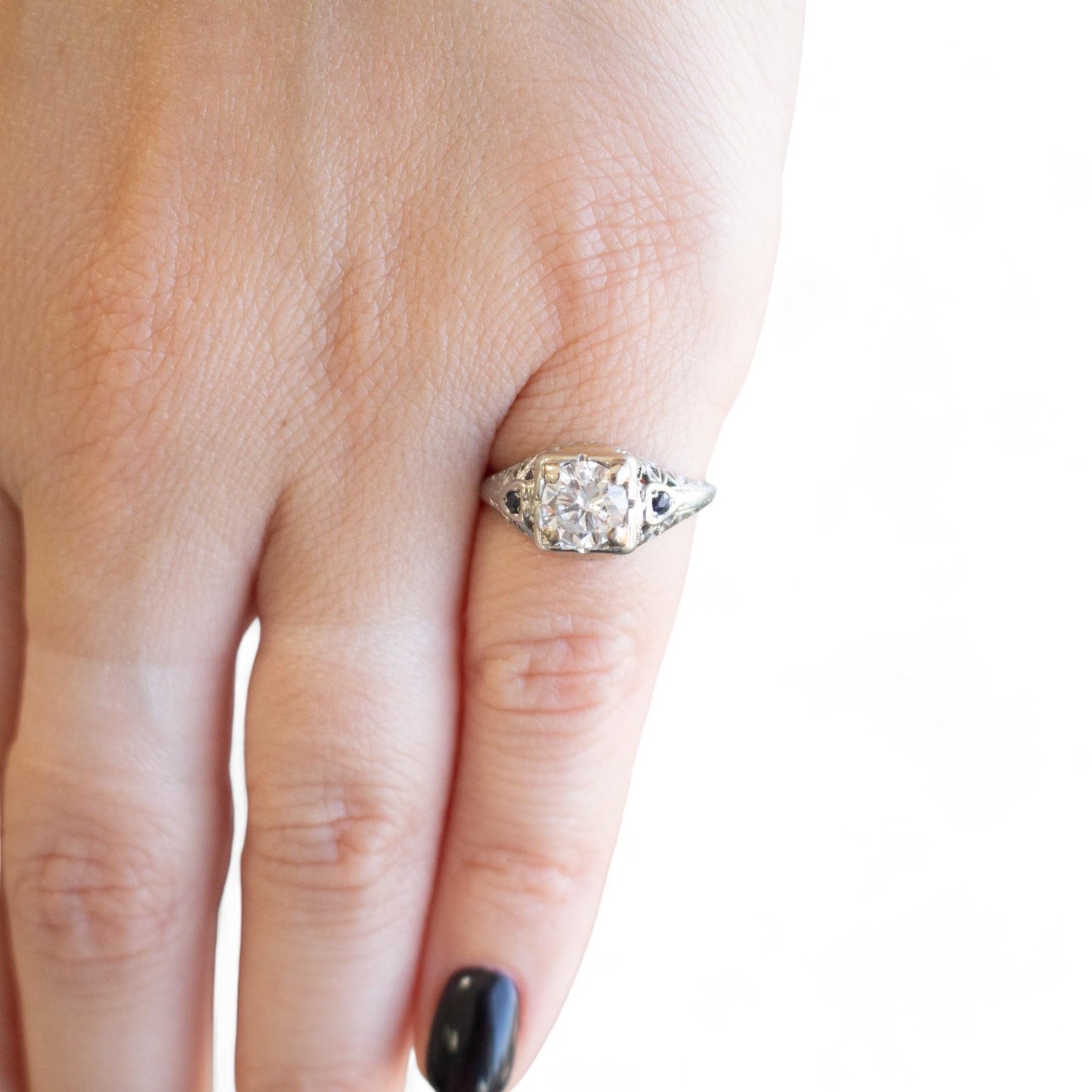 1.05 ct White Diamond & Sapphire Vintage Ring in 14k White Gold 5US