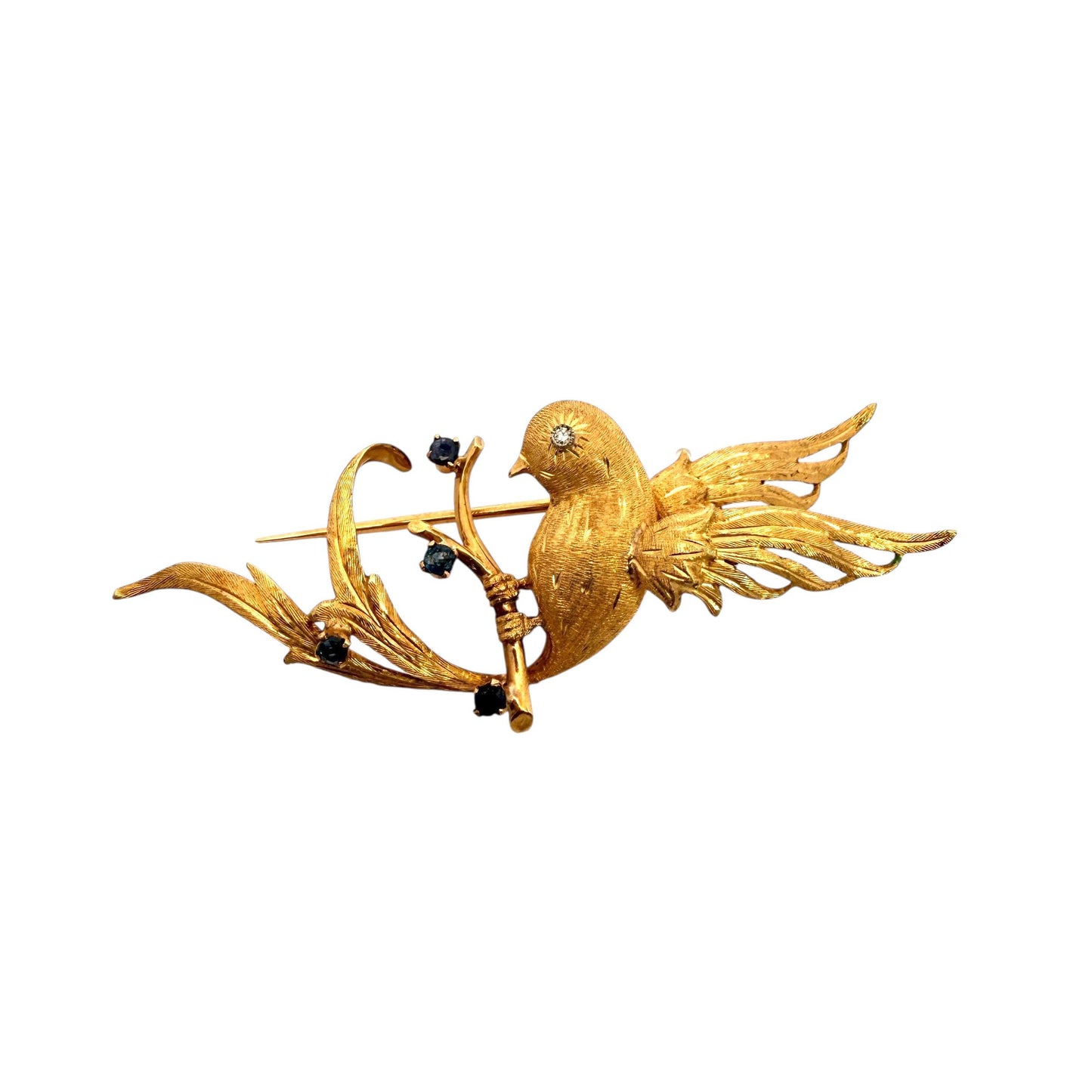 Vintage 18k Yellow Gold Humming Bird Brooch With Sapphire 18.06g.