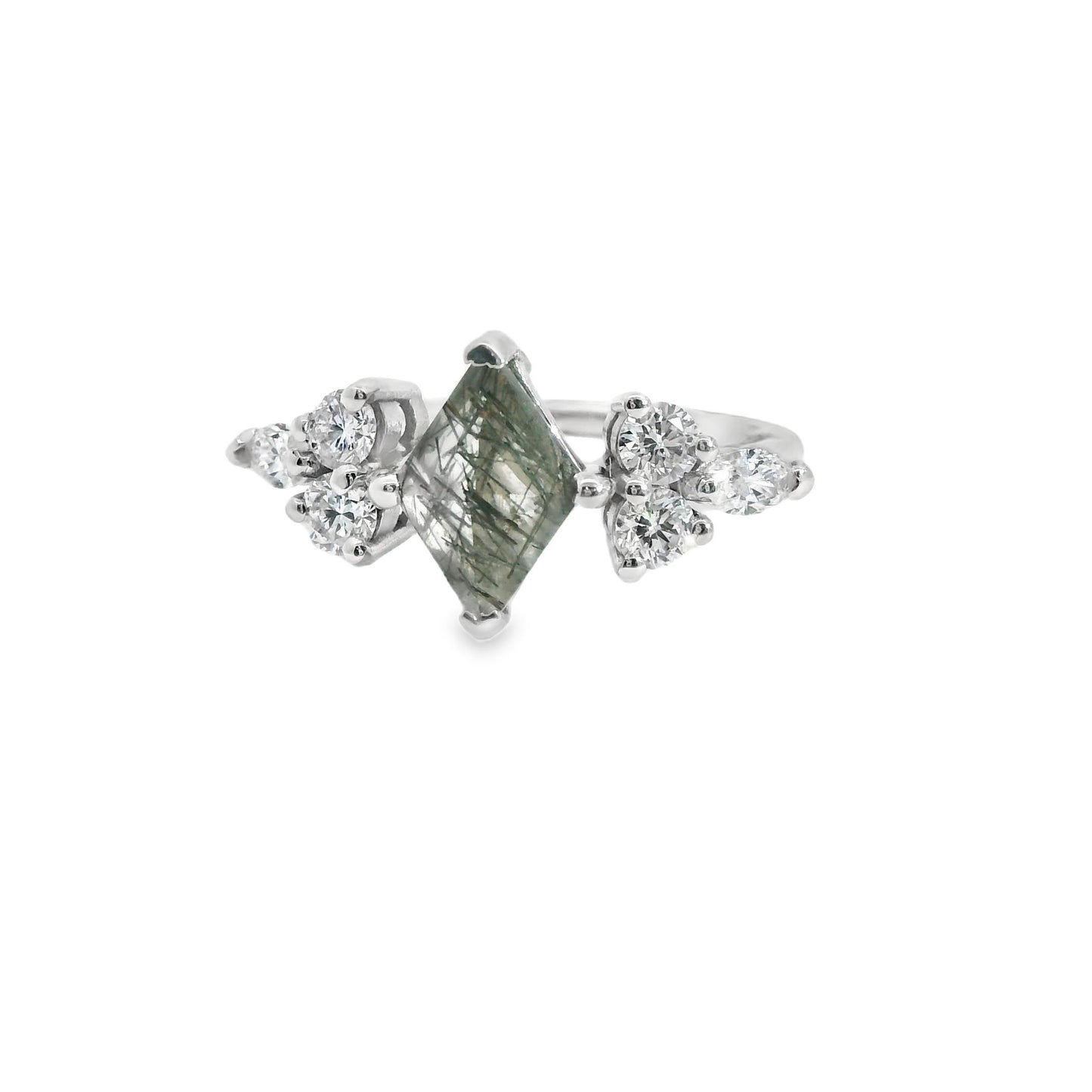 Black Rutilated Quartz & 0.68cttw. Diamond Custom Ring in 14k White Gold 6.5US