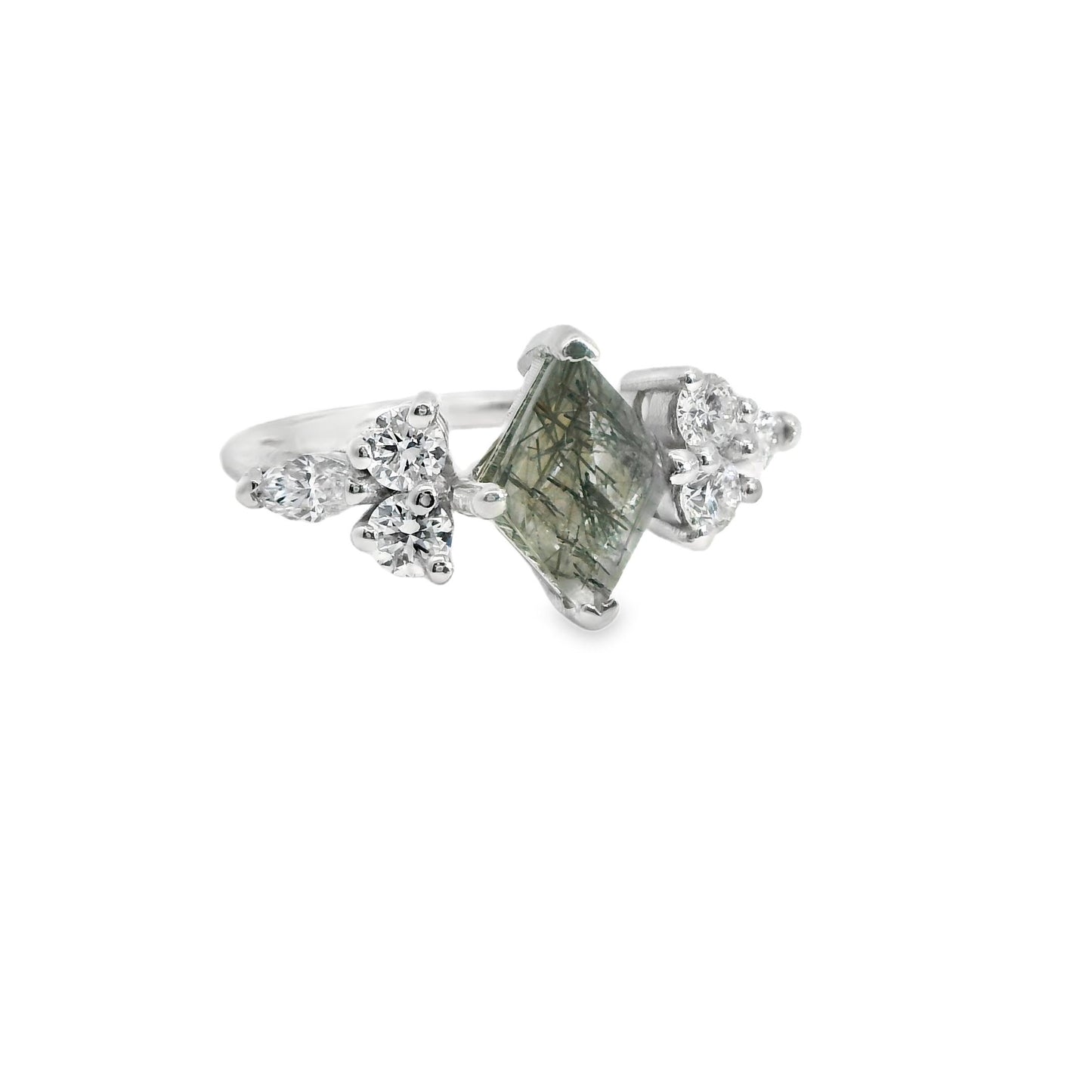Black Rutilated Quartz & 0.68cttw. Diamond Custom Ring in 14k White Gold 6.5US