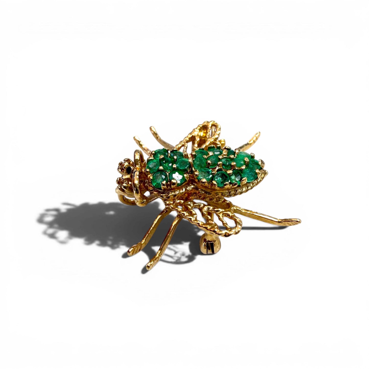 Vintage 18k Yellow Gold Green Emerald Fly Brooch 2.34g.