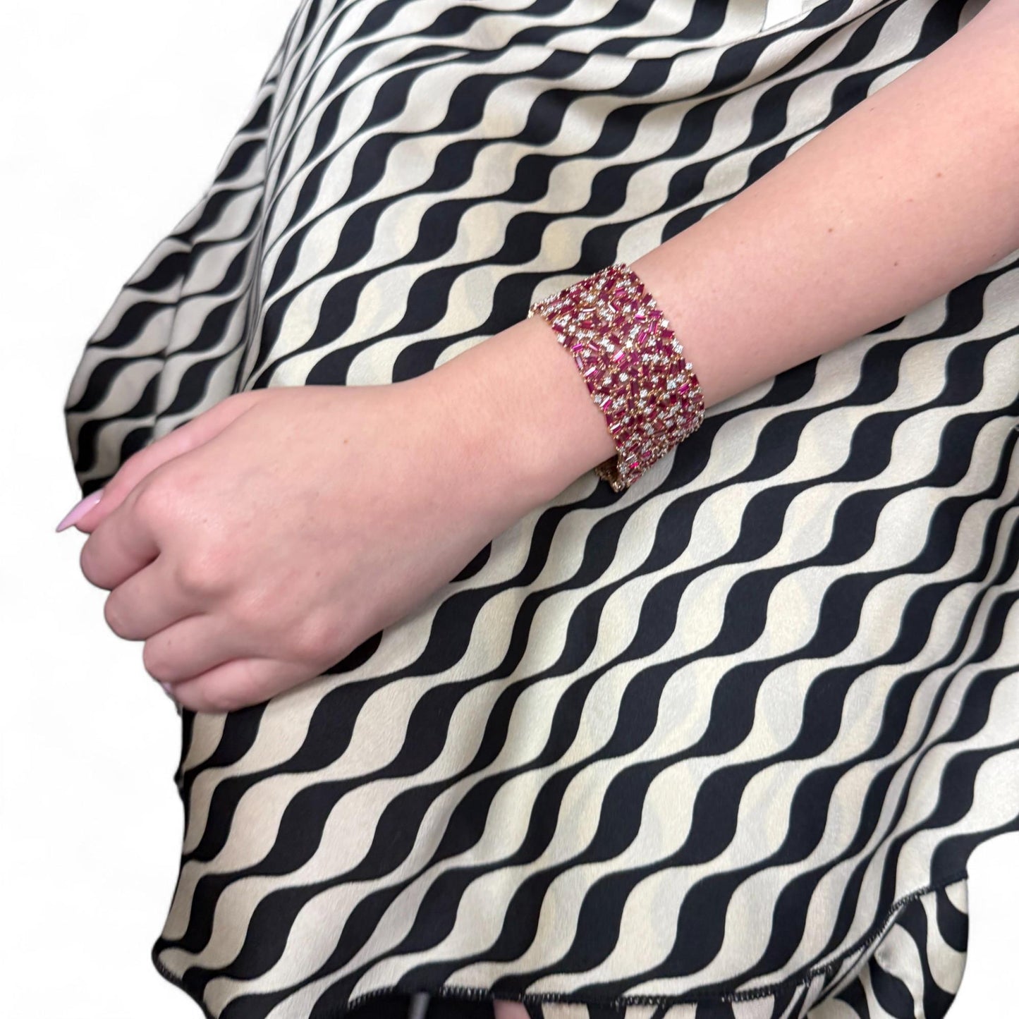 36cttw. No Heat Ruby & 6.5cttw. White Diamond Bracelet in 18k Rose Gold 84.21g.