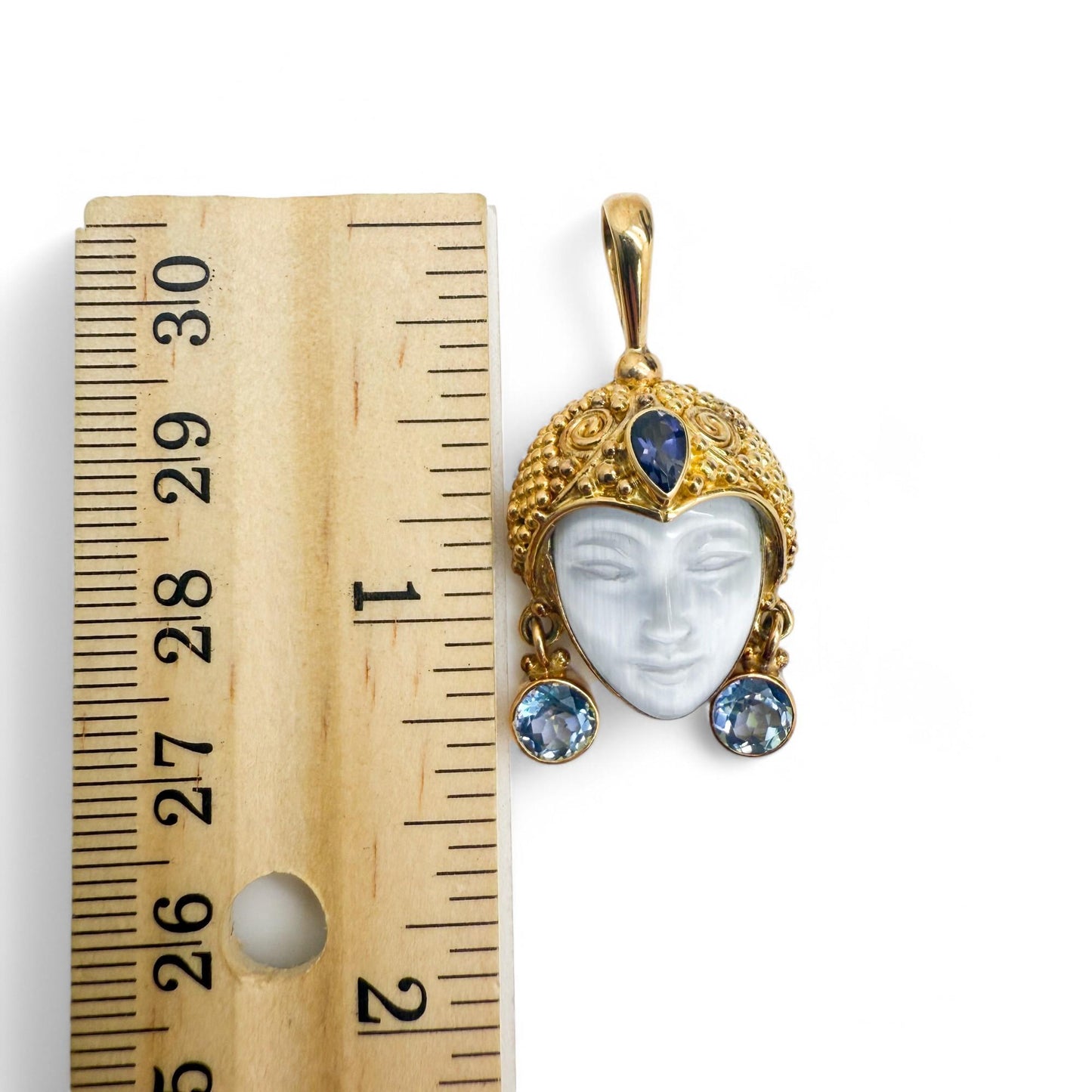 18K Yellow Gold Sajen Bali Goddess Carved Mother of Pearl, Sapphire Pendant