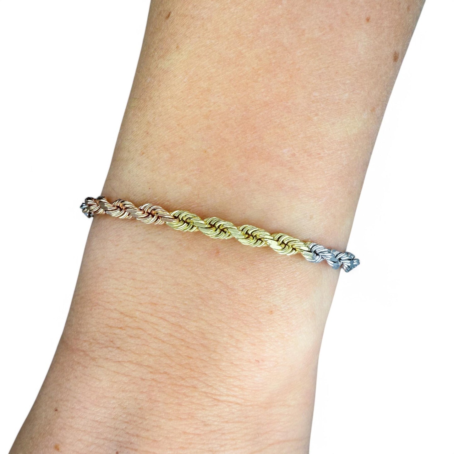 14k Tri-tone Rope Chain Bracelet 9.79g.