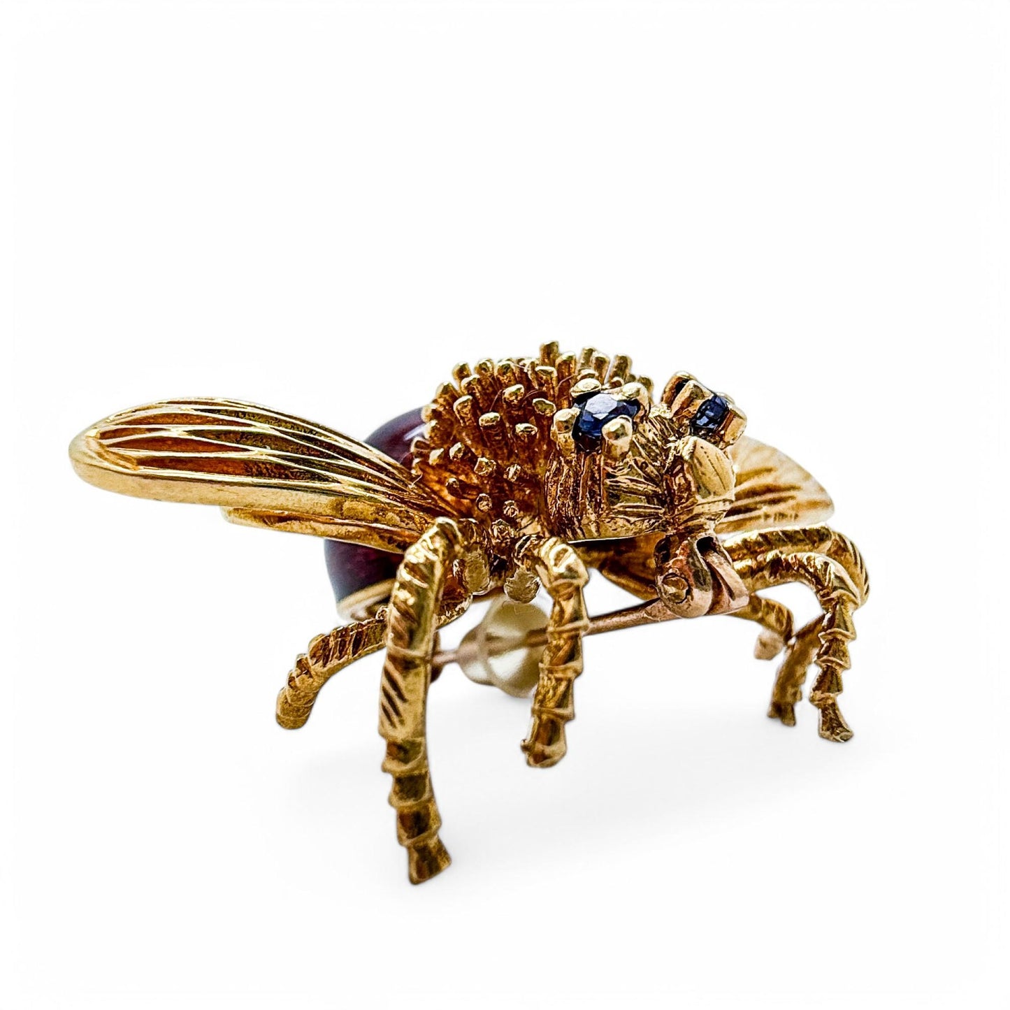 Vintage 18k Yellow Gold Bee Brooch with Blue Sapphire 14.60g