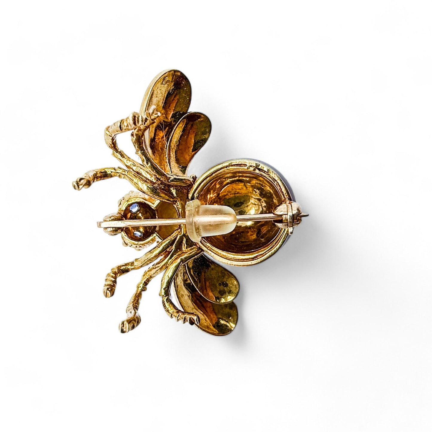 Vintage 18k Yellow Gold Bee Brooch with Blue Sapphire 14.60g