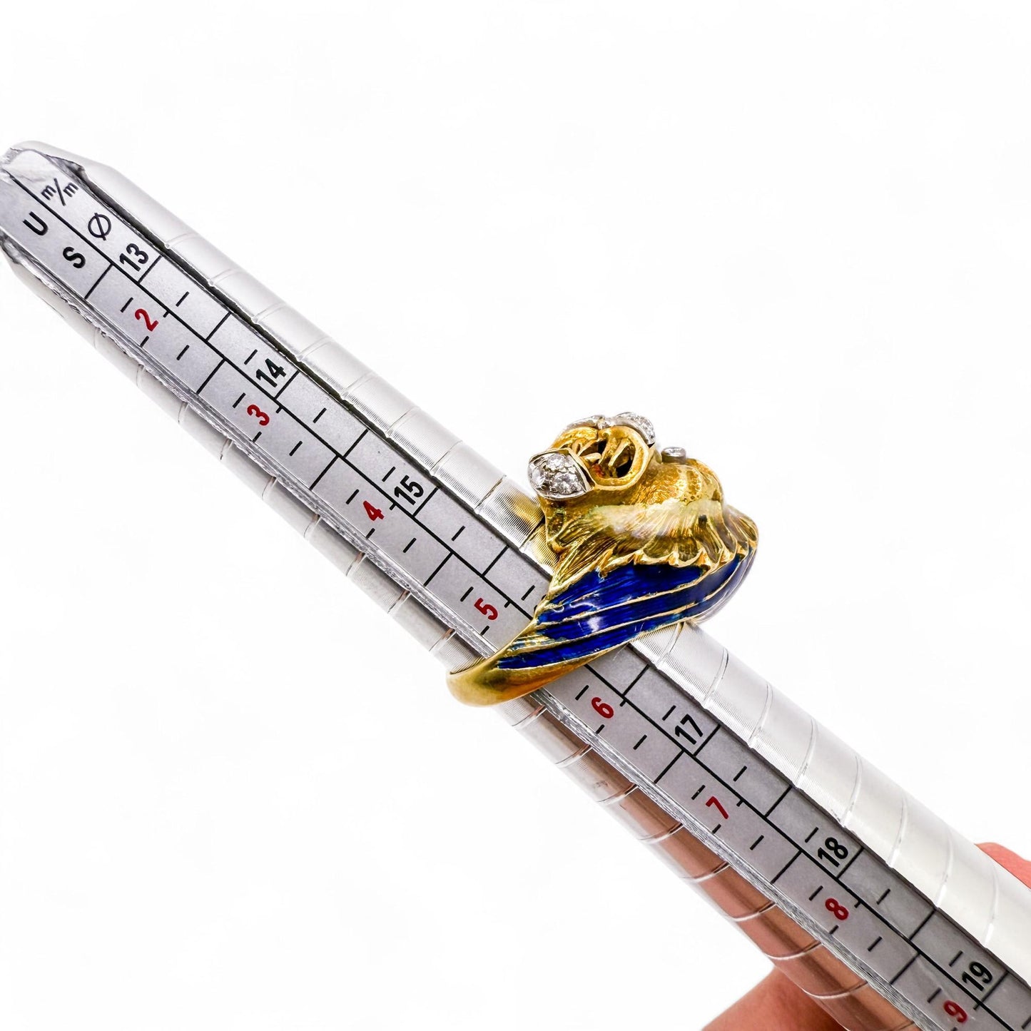 Vintage 18k Yellow Gold Enamel & White Diamond Tiger Ring 5.75US