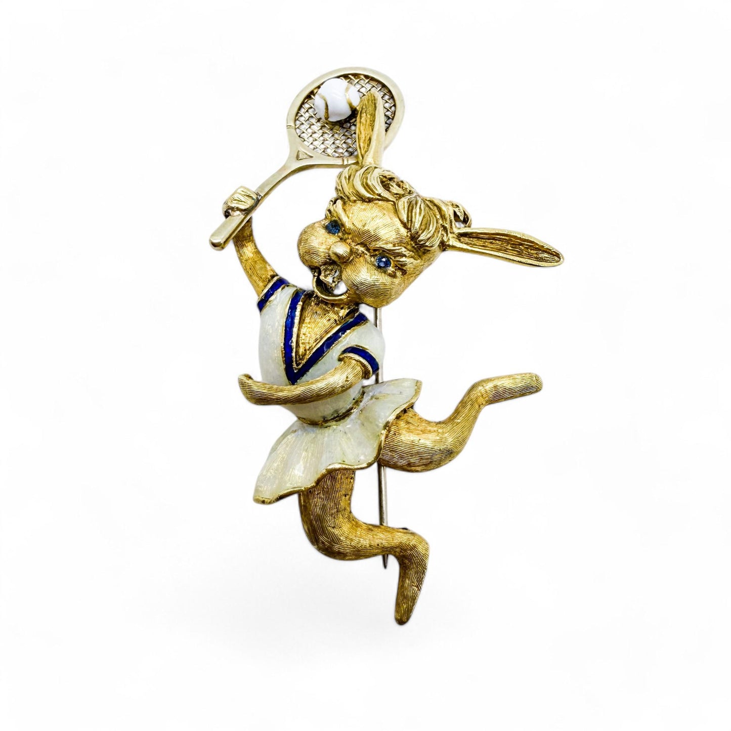 Vintage 18K Yellow Gold Martine Tennis Rabbit Brooch whith Blue Sapphires 20.8