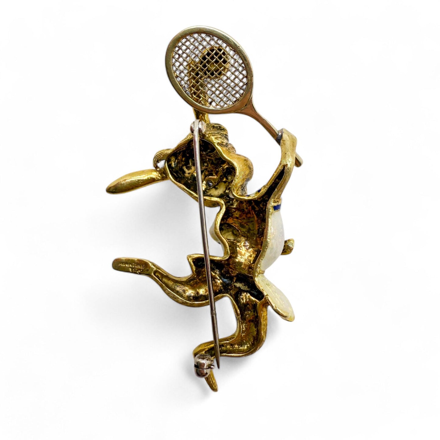 Vintage 18K Yellow Gold Martine Tennis Rabbit Brooch whith Blue Sapphires 20.8