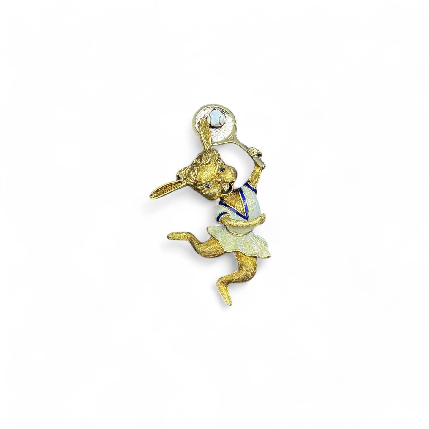 Vintage 18K Yellow Gold Martine Tennis Rabbit Brooch whith Blue Sapphires 20.8