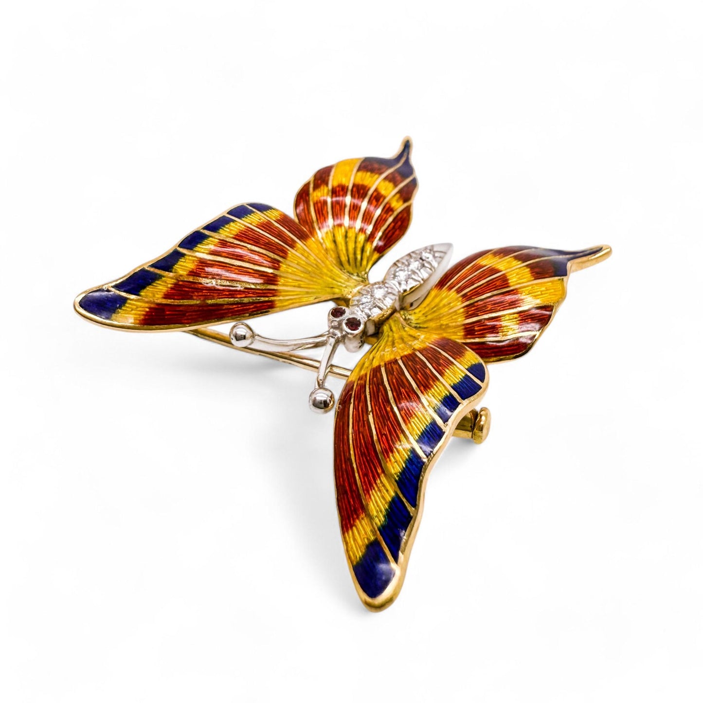 18K Yellow Gold Enamel Butterfly Brooch 13.5g