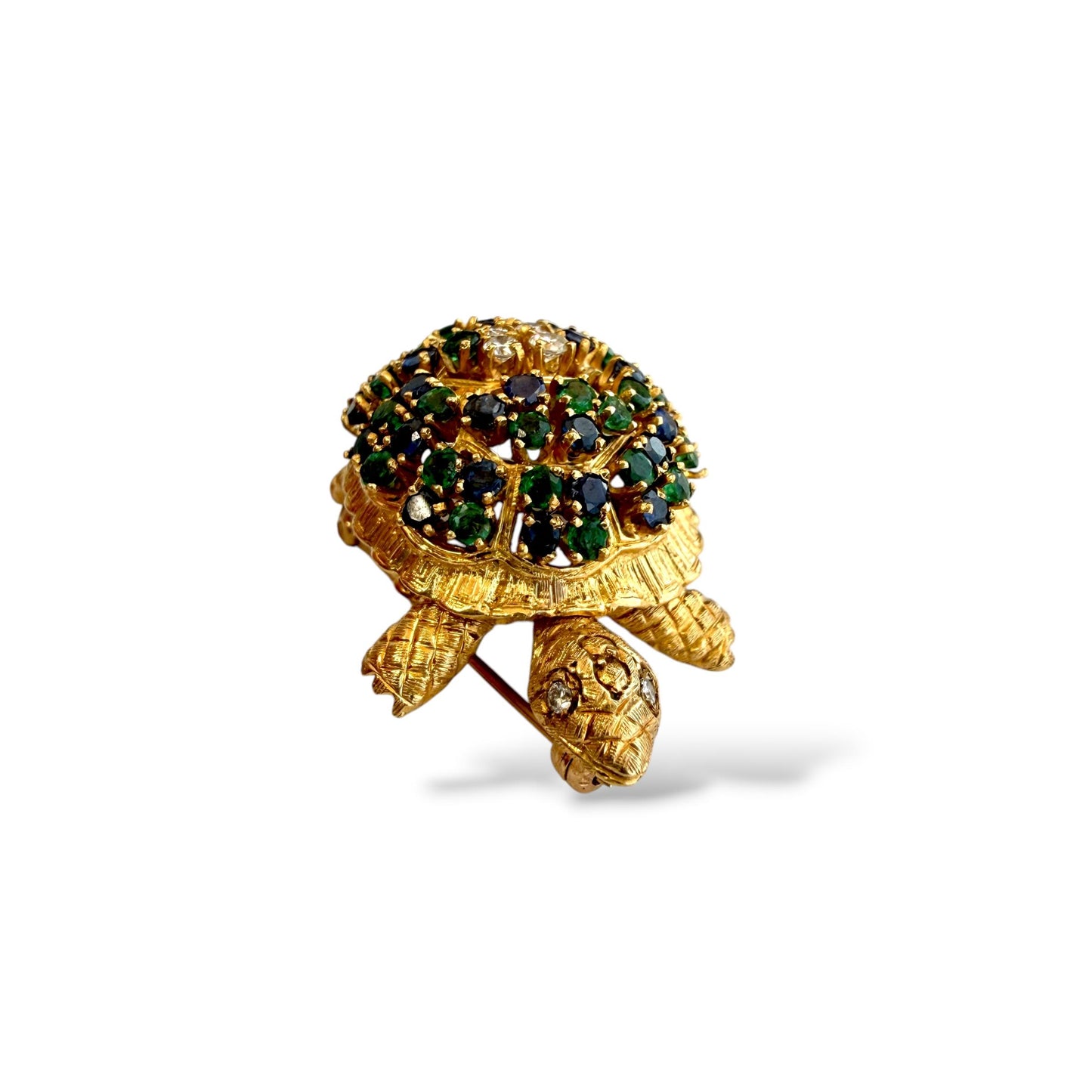 18k Yellow Gold Turtle Brooch with Diamonds Emeralds and Sapprires 16.69g.