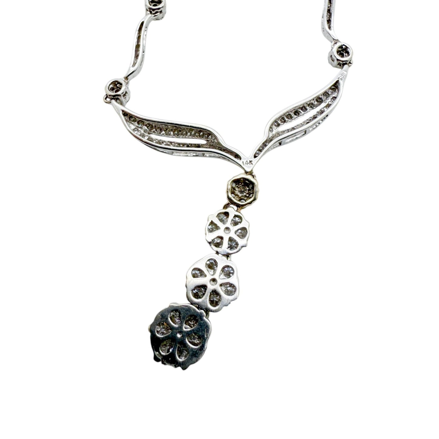 Antique 1.90 cttw. White Diamond Flower Drop Necklace in 14k White Gold