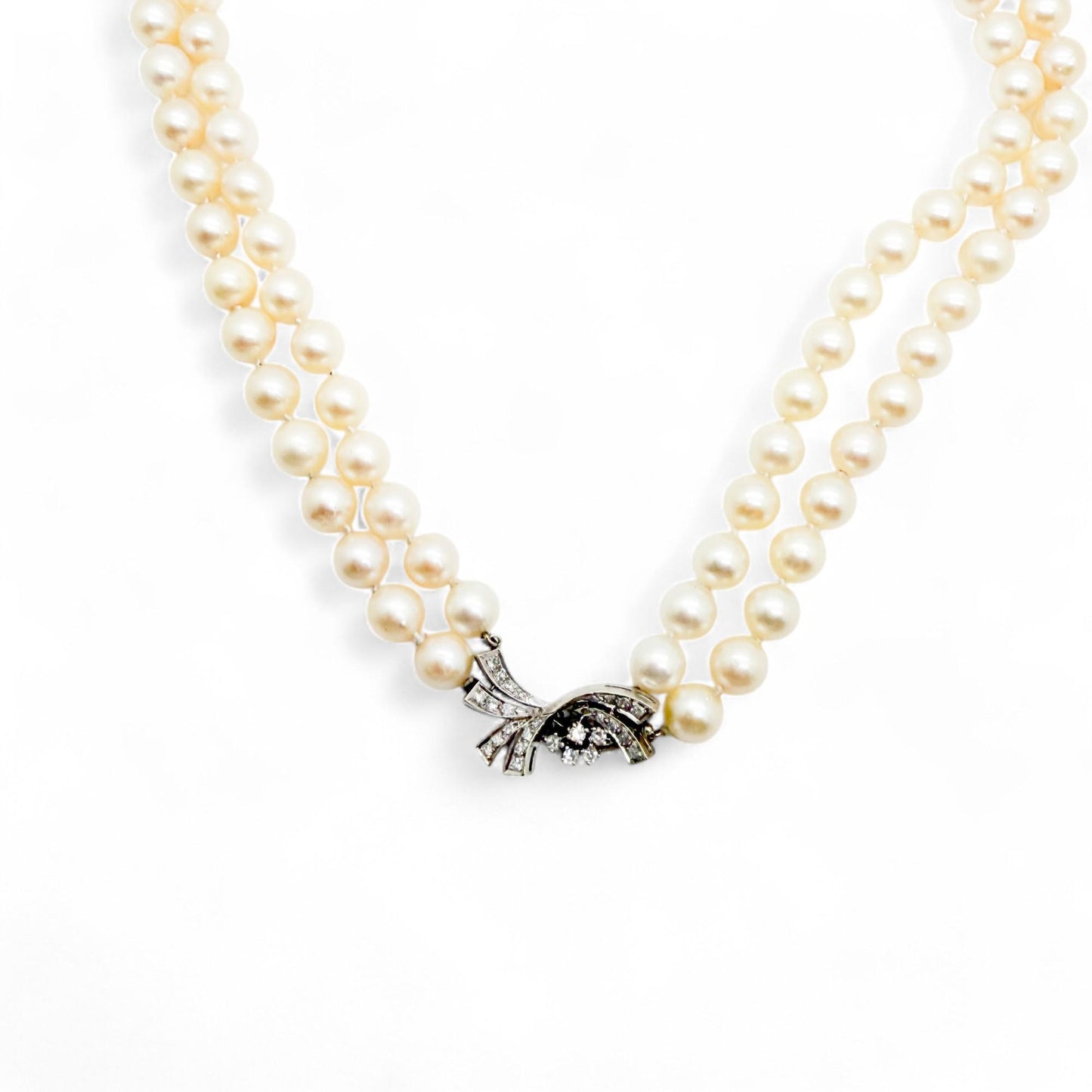 0.45 cttw White Diamonds in 14K WG & Pearl Necklace Two Strands