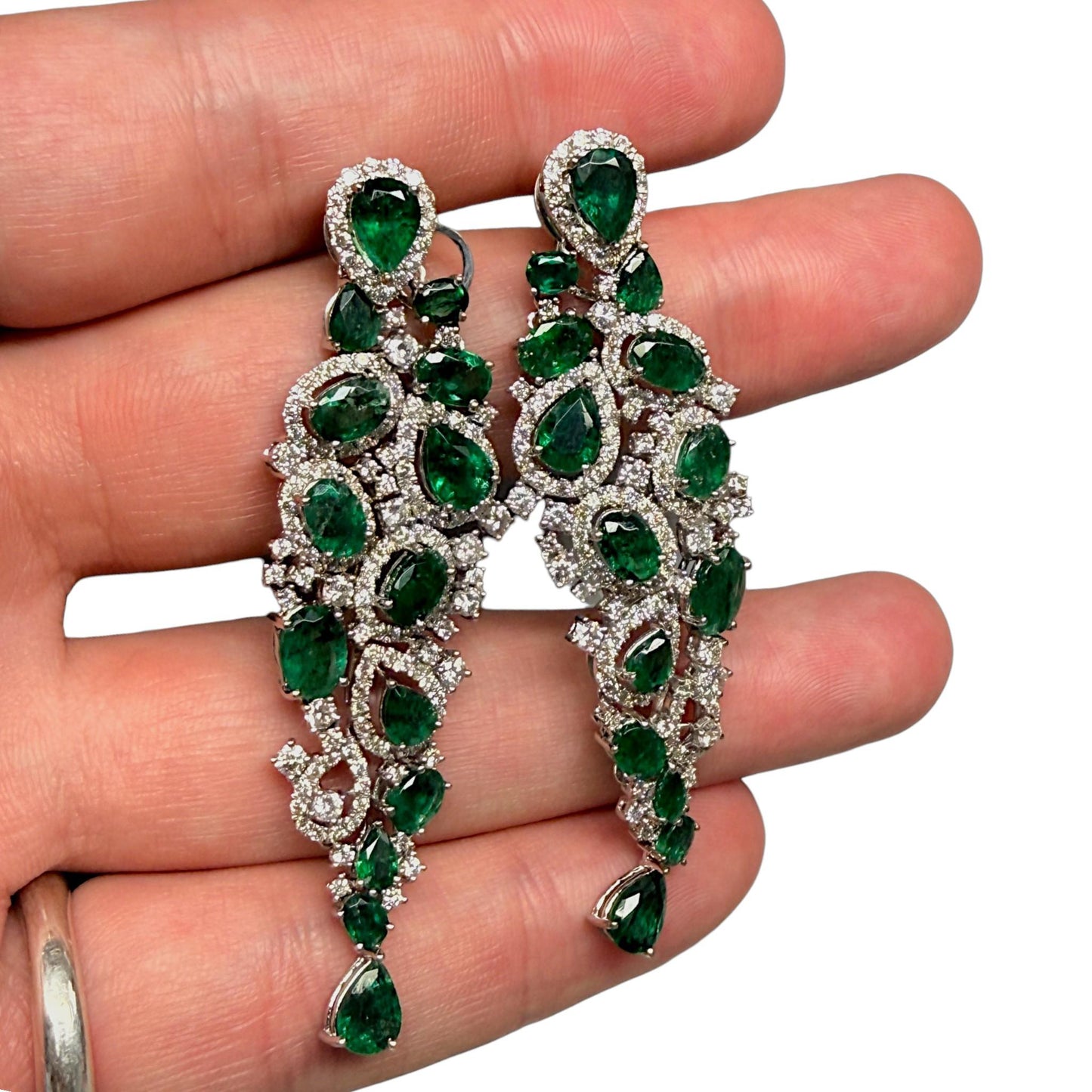 12.75cttw. Emerald & 3.42cttw White Diamond Drop Earrings 18k White Gold 19.8g.