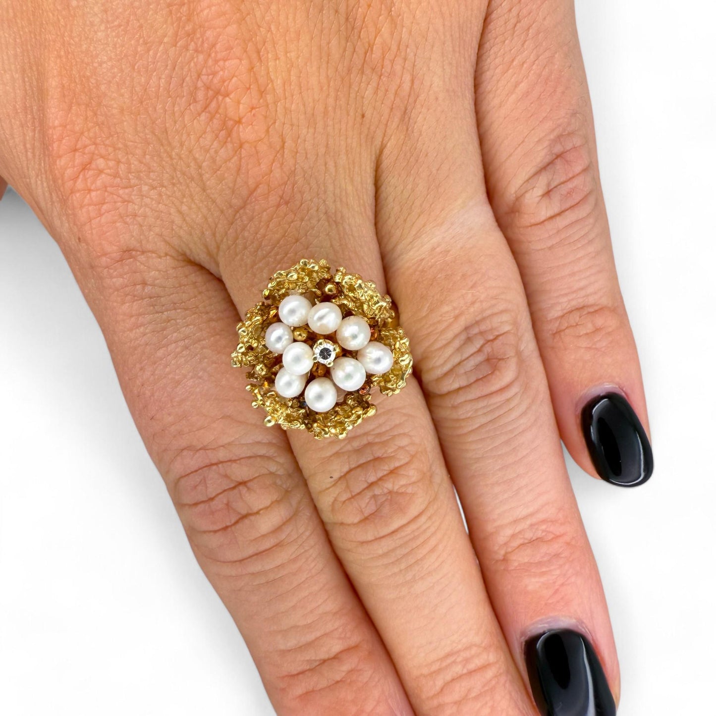 14k Yellow Gold Pearl & White Diamond Flower Ring 6.5US