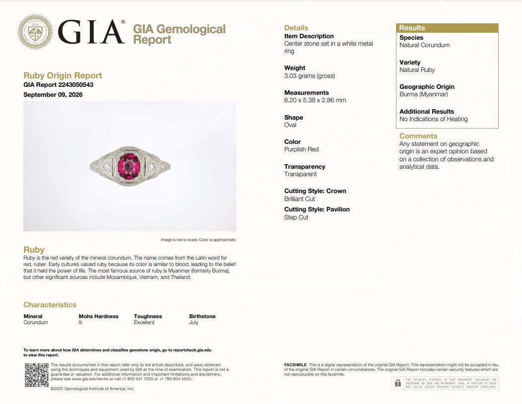 GIA 0.75ct Burma Ruby & White Diamond Platinum Ring 6US 3.03g.