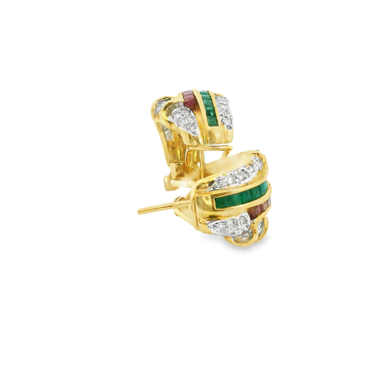 1.84cttw Emerald & Ruby with 0.70cttw. White Diamond Earrigs in 14k Yellow Gold