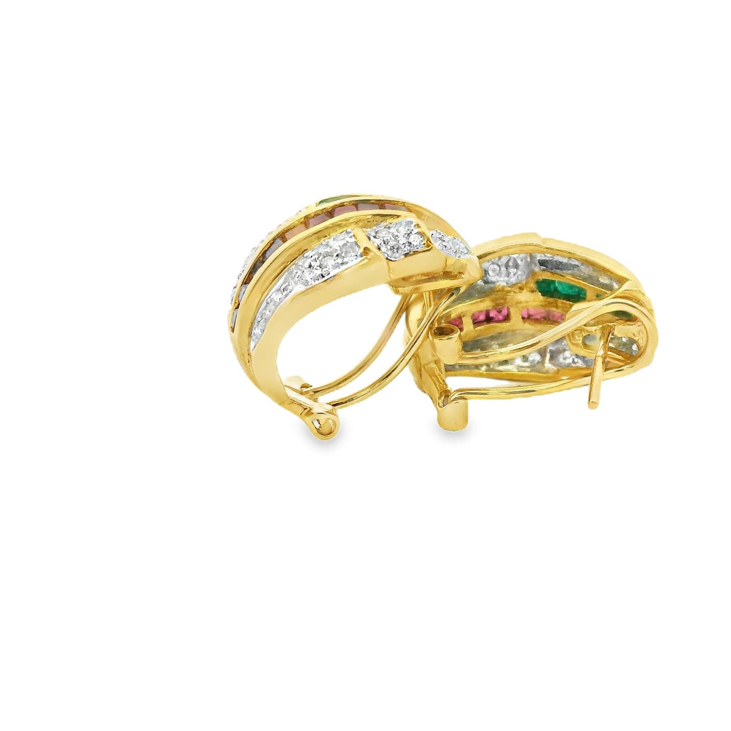 1.84cttw Emerald & Ruby with 0.70cttw. White Diamond Earrigs in 14k Yellow Gold