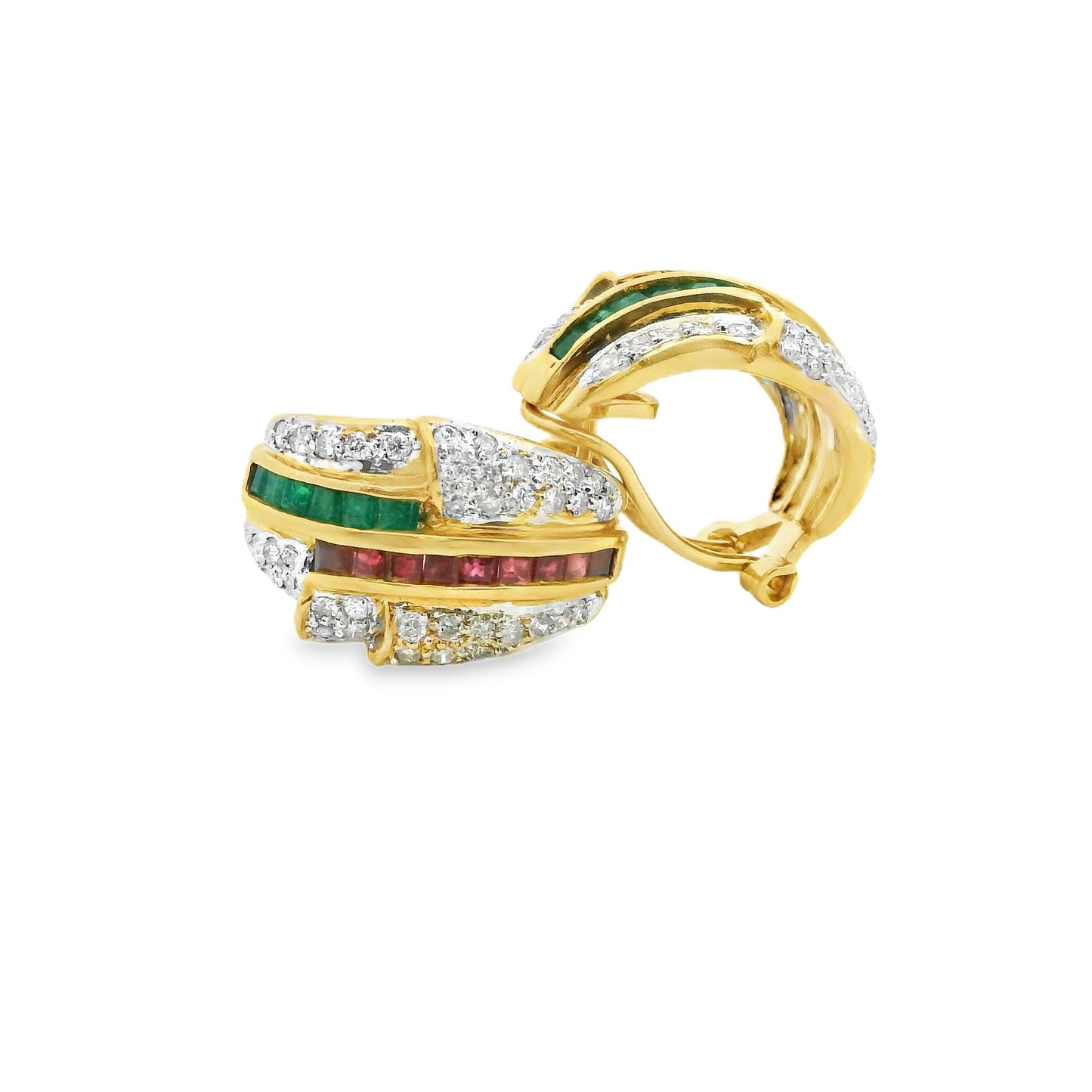 1.84cttw Emerald & Ruby with 0.70cttw. White Diamond Earrigs in 14k Yellow Gold