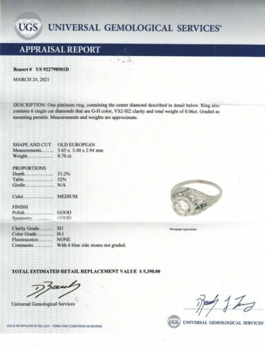 Vintage Platinum Old European Diamond Antique Ring With Sapphires