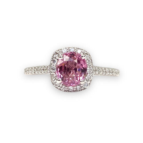 1.54 Pink Spinel With Diamond Halo Ring in 14k White Gold