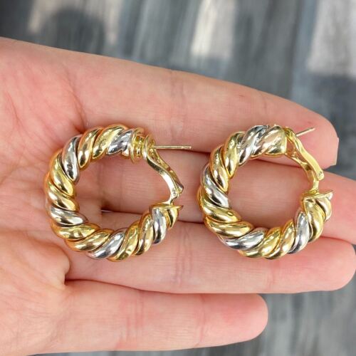 18k 3-Tone Gold Hollow Swirl Hoop Earrings  1.25"