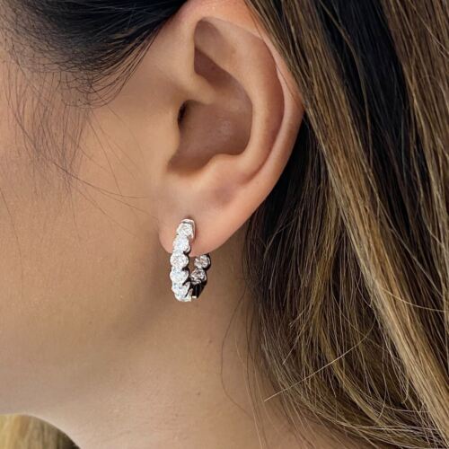 14k White Gold Diamond Inside Out Hoop Earrings 2.71 CTTW 0.75 Inch