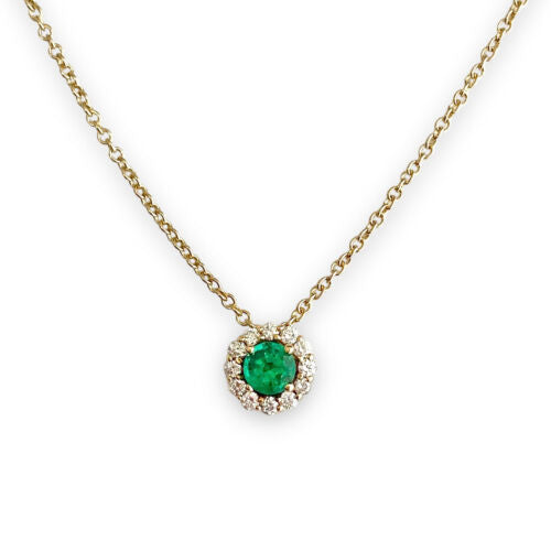 Green Emerald &  Diamond Halo Necklace in 14k Yellow Gold