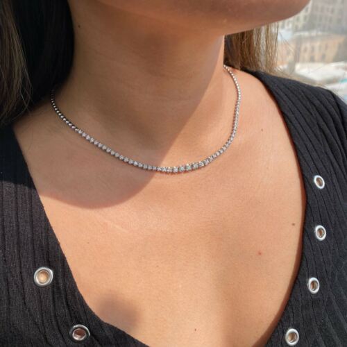 14k Gold Natural Diamond Graduated Tennis Riviera Illusion Necklace Halfway