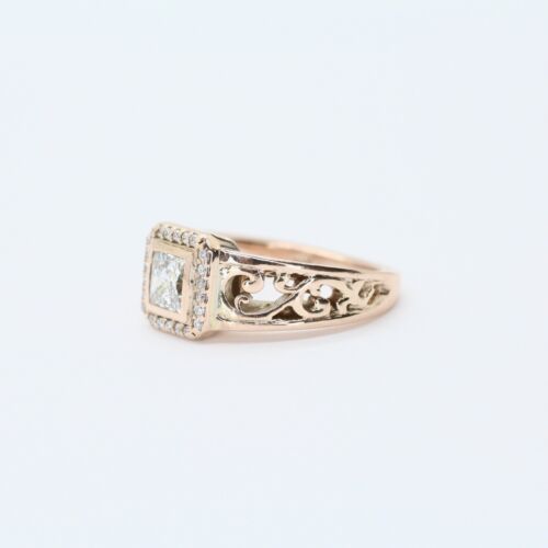 Vintage Filigree Princess Cut Diamond Halo Engagement Ring in 14k Rose Gold