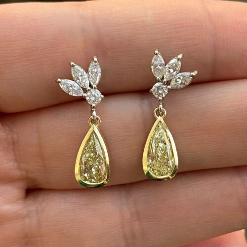 14k 2-Tone Gold Fancy Yellow Pear Diamond Dangle Drop Earrings 2.31 CTTW