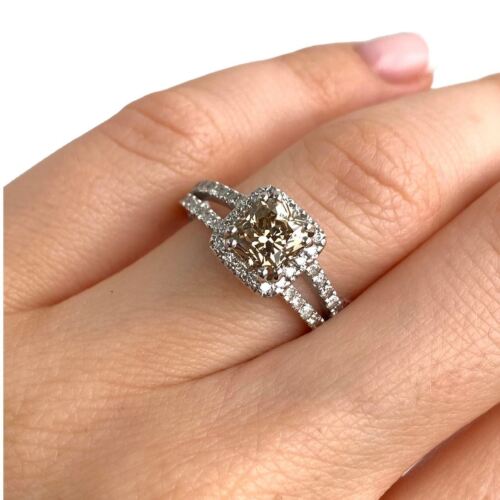 14k White Gold Fancy Yellowish Brown Radiant Diamond Engagement Coctail Ring