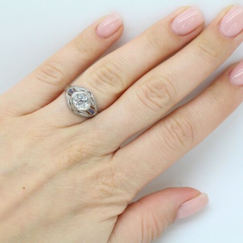 Vintage Platinum Old European Diamond Antique Ring With Sapphires