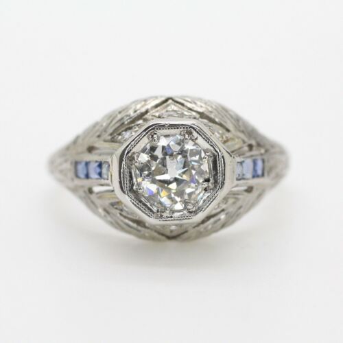 Vintage Platinum Old European Diamond Antique Ring With Sapphires