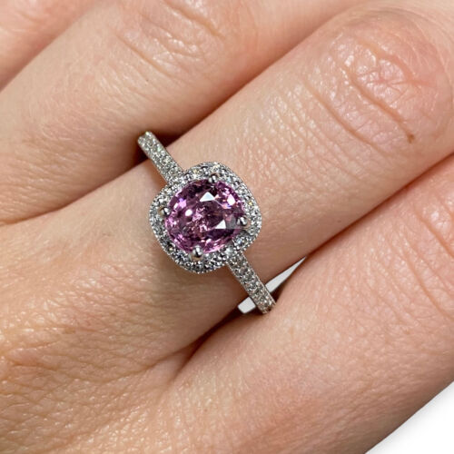 1.54 Pink Spinel With Diamond Halo Ring in 14k White Gold