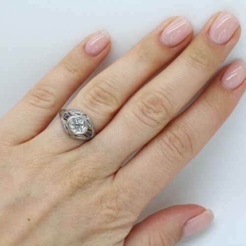 Vintage Platinum Old European Diamond Antique Ring With Sapphires