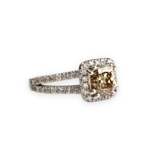 14k White Gold Fancy Yellowish Brown Radiant Diamond Engagement Coctail Ring