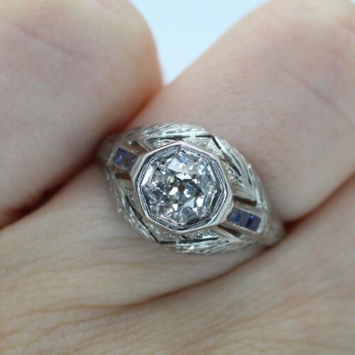 Vintage Platinum Old European Diamond Antique Ring With Sapphires