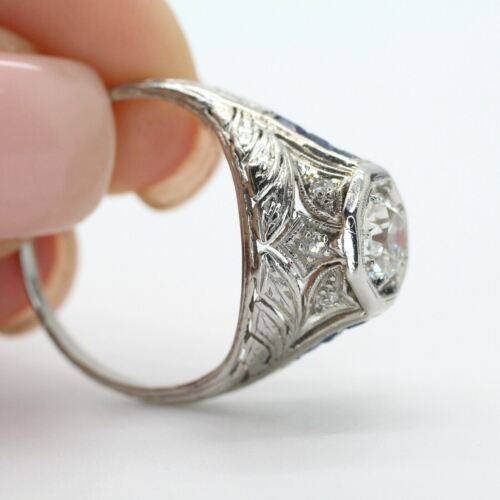 Vintage Platinum Old European Diamond Antique Ring With Sapphires