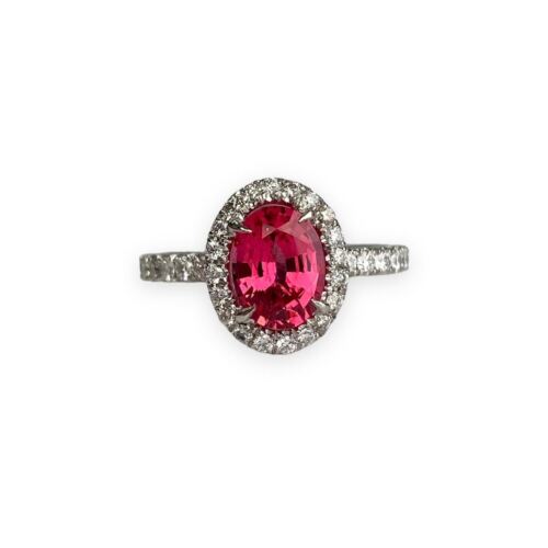 1.29ct Red Spinel Diamond Halo Coctail Ring in Platinum