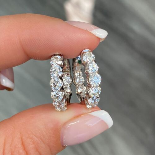 14k White Gold Diamond Inside Out Hoop Earrings 2.71 CTTW 0.75 Inch
