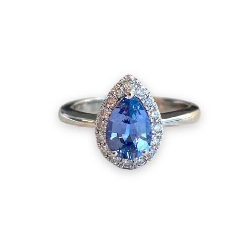 1.35 Ct Pear Cut Blue Spinel With Diamond Halo Coctail Ring in 14k White Gold