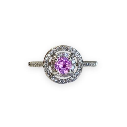 Round Pink Spinel With Diamond Halo Coctail Ring in 14k White Gold