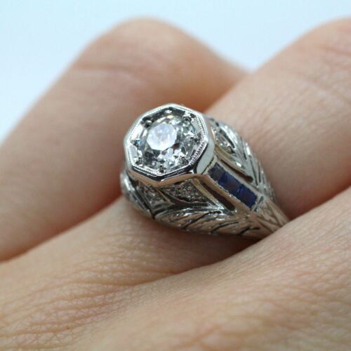 Vintage Platinum Old European Diamond Antique Ring With Sapphires