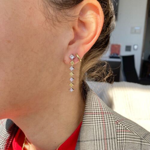 14k 2-Tone Gold Princess Square Diamond Dangle Drop Long Earrings 2.57 CTTW