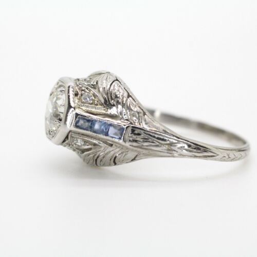 Vintage Platinum Old European Diamond Antique Ring With Sapphires